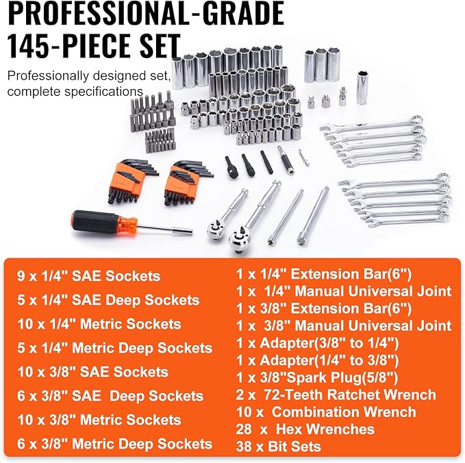 VEVOR Mechanics Tool Set and Socket Set, 1/4" and 3/8" Drive Deep and Standard (145 Pcs)