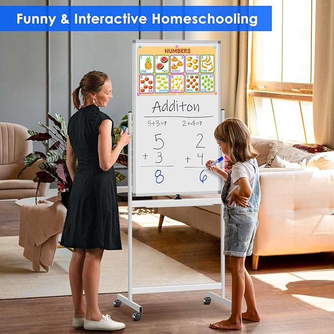 Magnetic Mobile White Board, 48 x 24 Double Sided Dry Erase Board Rolling
