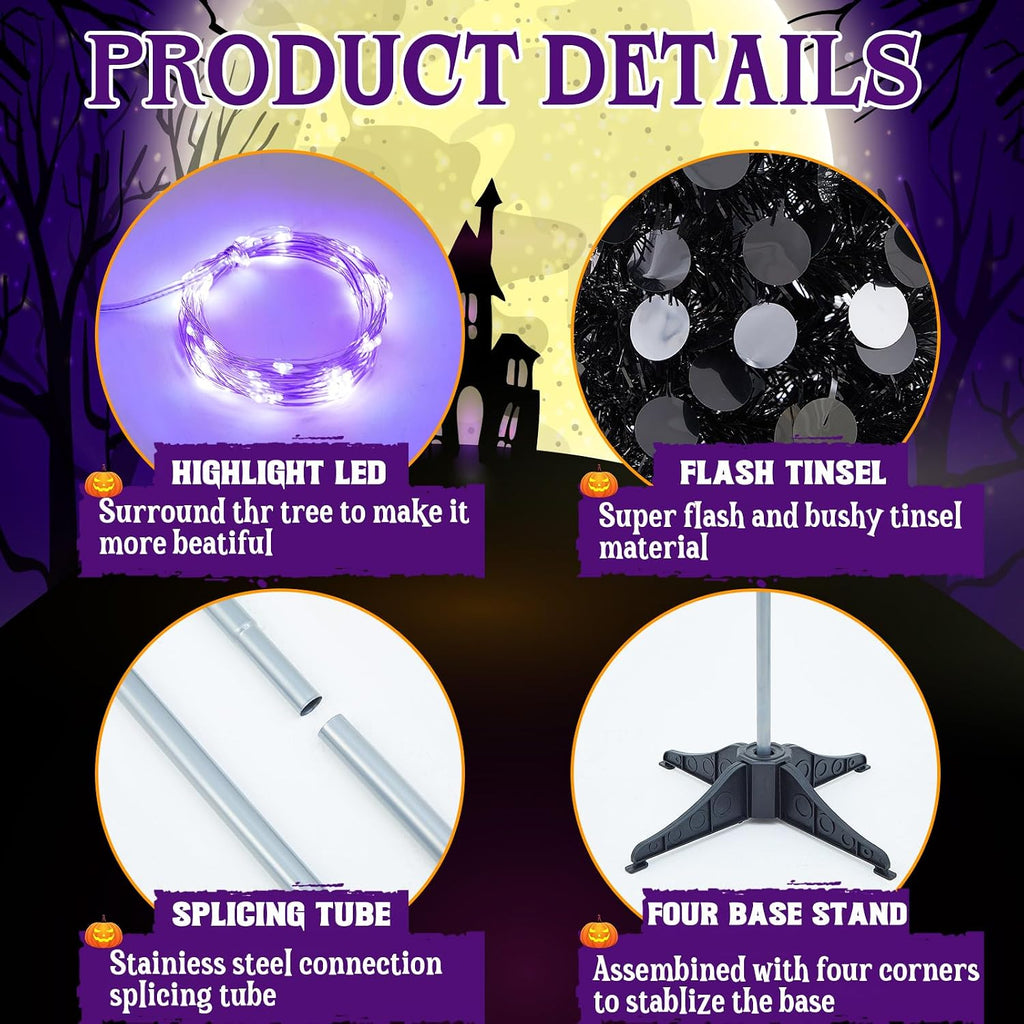 Shappy 3 Pcs 4/5/6 Ft Black Tinsel Halloween Tree with Purple Lights