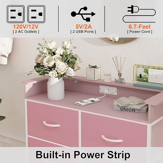 Pink Dresser for Bedroom with Charing Station Dressers with LED Lights Tall