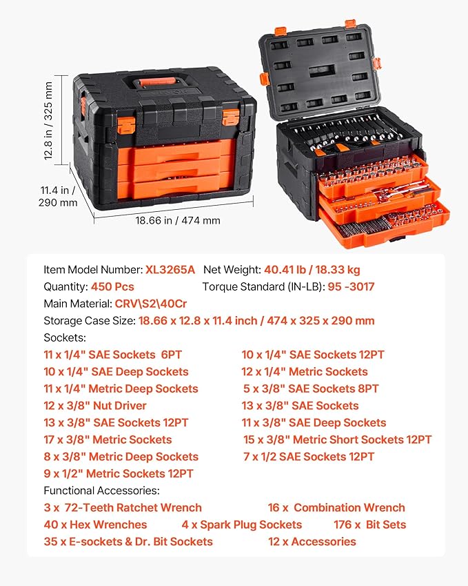 VEVOR Mechanics Tool Set and Socket Set, 3/8 and 1/2 inch Drive Deep and (450 PCS)