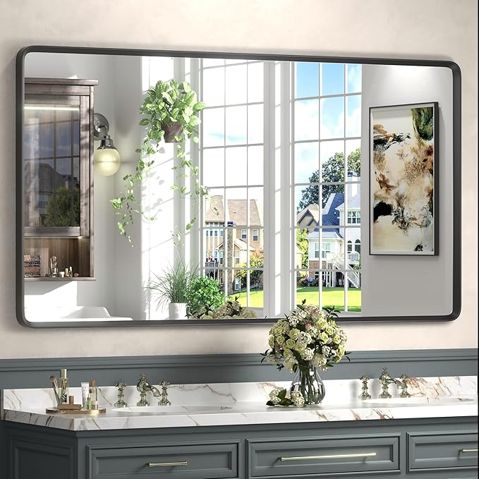 55x30 Black Matte Mirror for Bathroom, Large Rounded Mirror for Bathroom