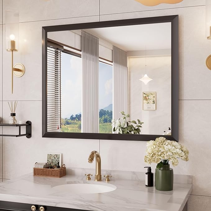 Amorho Bathroom Mirror Black, 44x36 Inch Thick Metal Framed Wall Mirrors