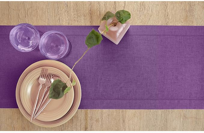 Solino Home Linen Purple Table Runner 72 Inches Long - 100% Pure Linen Hemstitch Table Runner 14 x 72 Inch for Dresser, Dining, Fall, Autumn, Halloween, Thanksgiving, Holiday - Classic Hemstitch