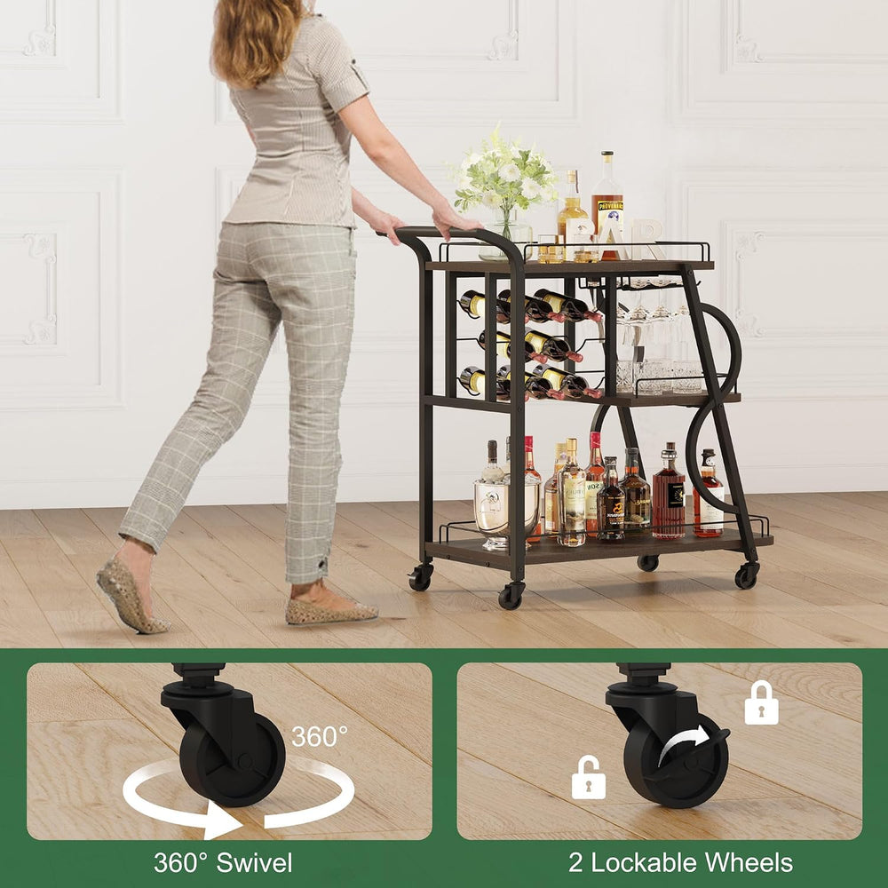 Rustic Bar Cart, 3 Tier Rolling Bar Carts for The Home, Industrial Home Servi...