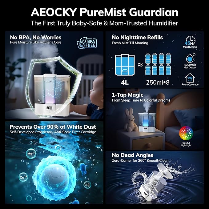 Geek-Level Aeocky Humidifier for Baby, Quiet Ultrasonic Humidifiers for Bedroom