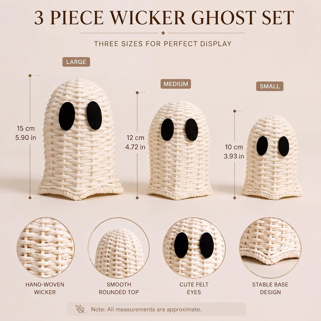 Geelin White 3 Pcs Halloween Rattan Wicker Ghosts Decoration Cute Farmhouse Ghost Figurines for Table Tray Shelf Desk Tiered Tray Centerpieces Indoor Tabletop Halloween Decor