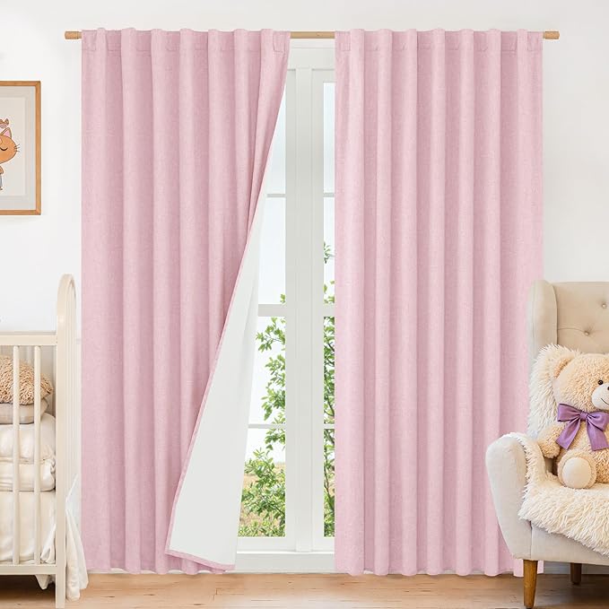 LAMIT Pink 100% Blackout Linen Curtains, 84 Inch Linen Textured Living Room