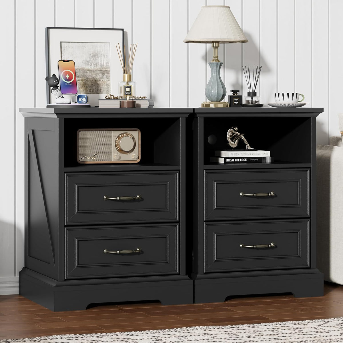 Black Nightstand with Charging Station,18" Wide End Table with 2 Large Drawers & Metal Handles,Rustic Farmhouse Wood Small Dresser,Bedside Table,Modern Chest of Drawers for Bedroom,Living Room