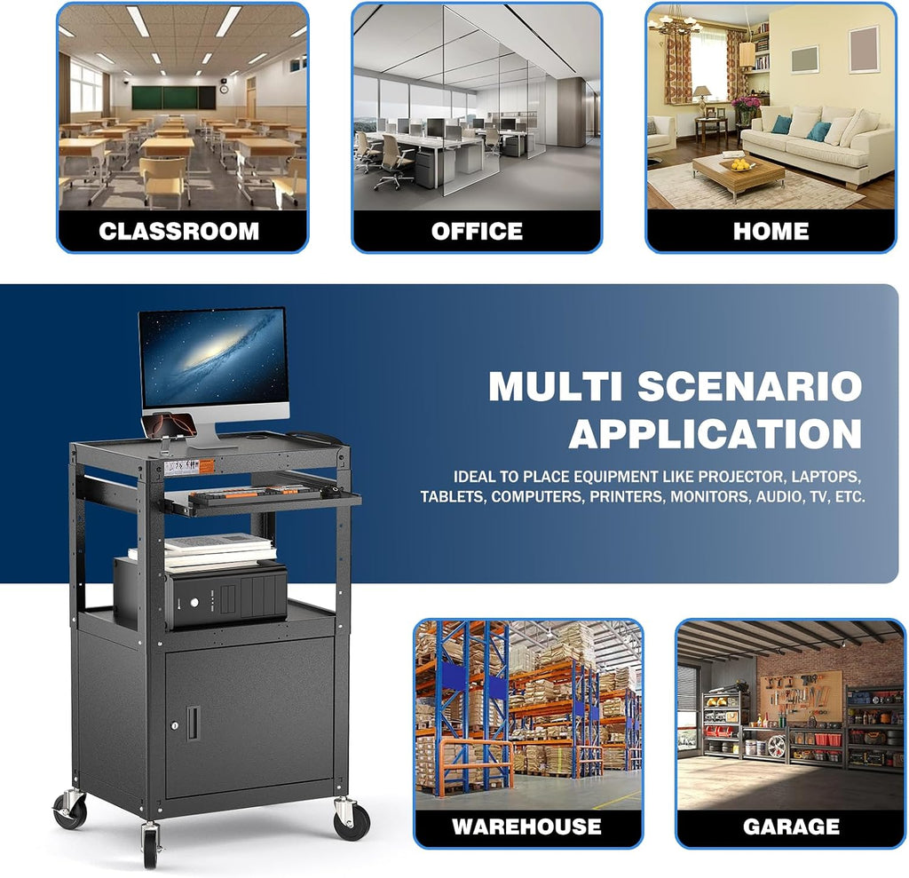 POCHAR Steel Large AV Cart with Locking Cabinet - Adjustable Height Media Carts with Wheels, Pullout Tray, Power Strip for Mobile Work Station - Rolling Computer Cart for Office Classroom Presentation
