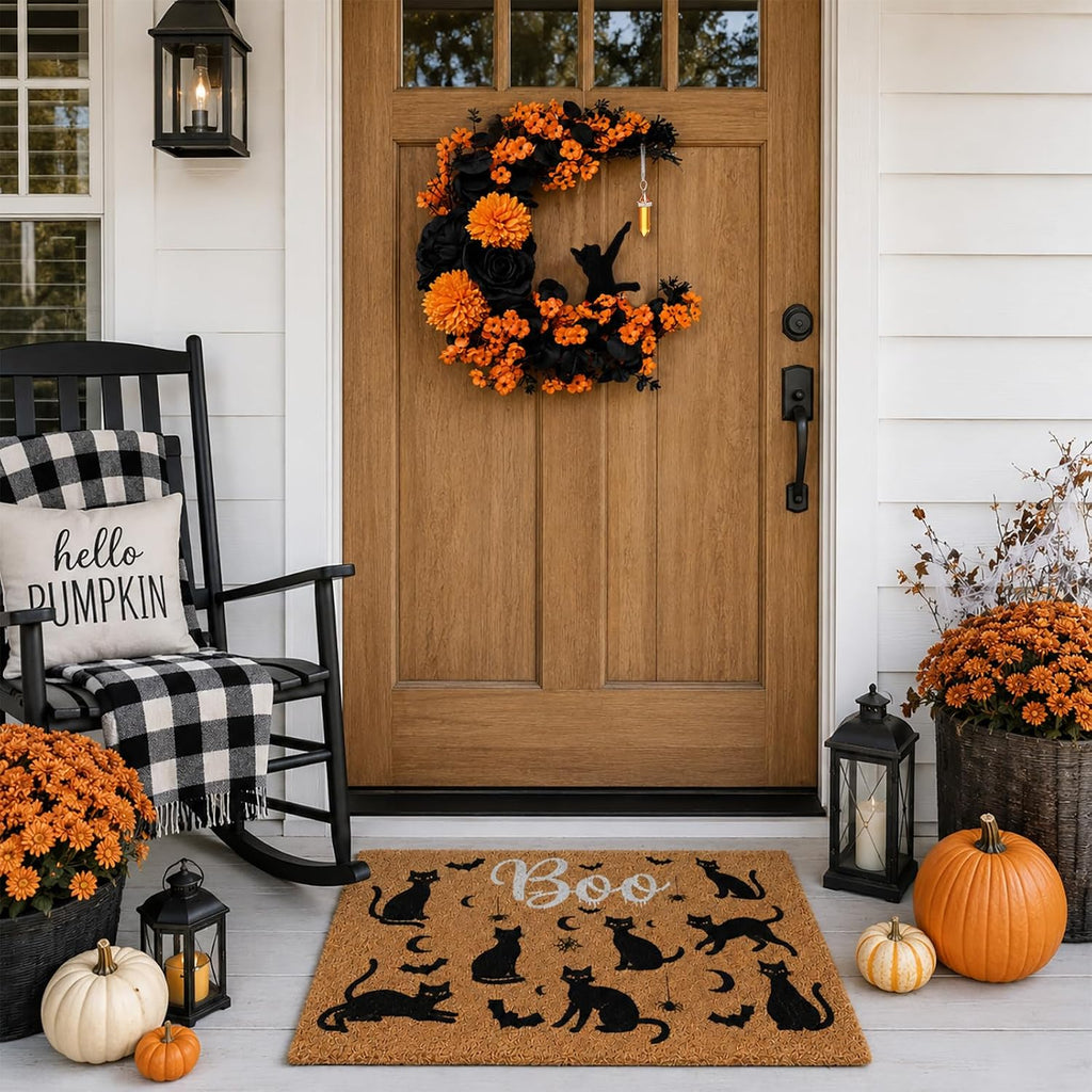 Thiccywoov 2 Pcs Halloween Black Cat Doormat and Wreath Sets for Front Door