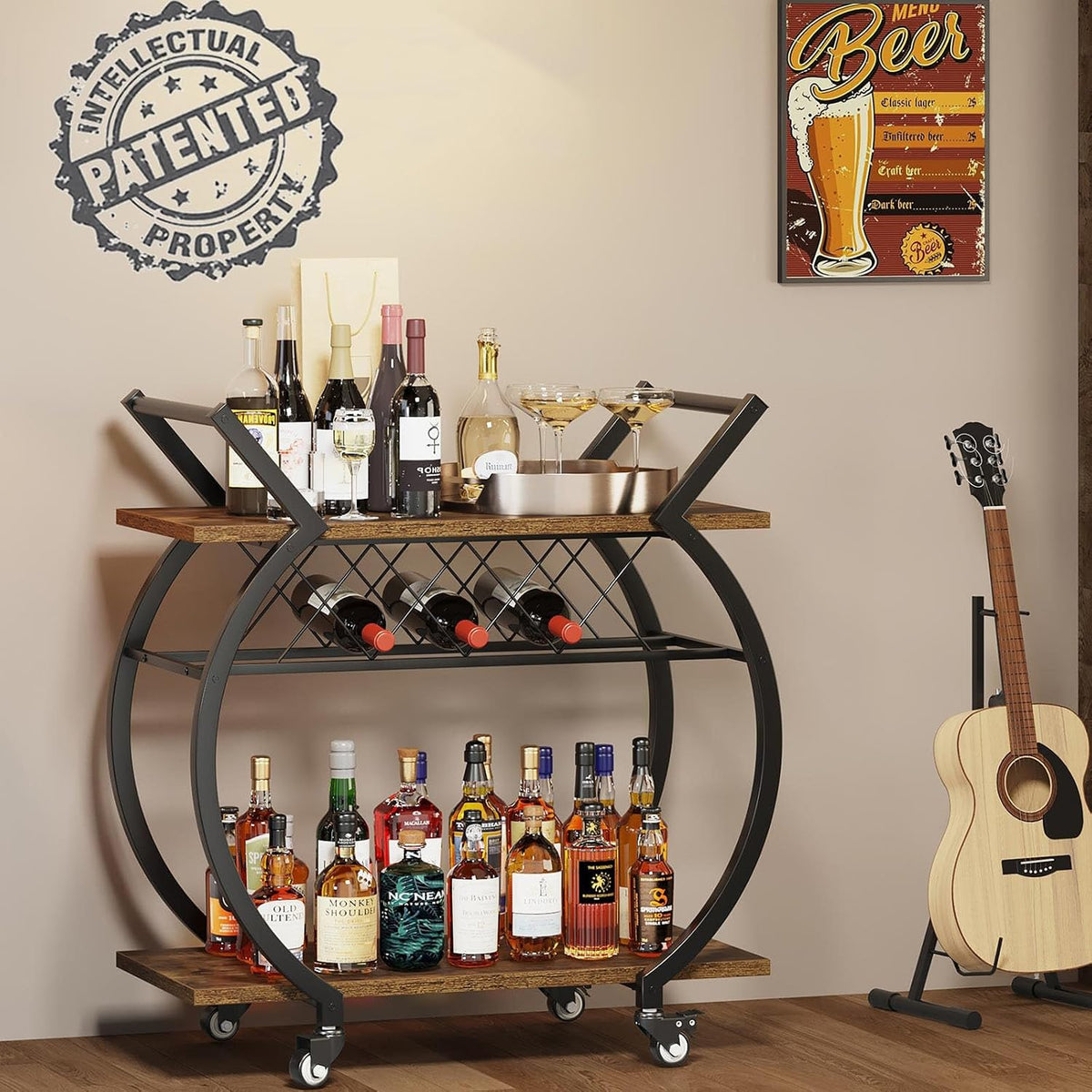 LVB Industrial Bar Cart, Beverage Serving Cart with Wheels, Rustic Brown