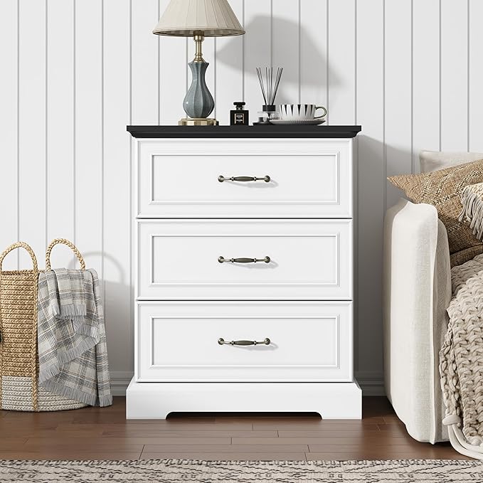 Nightstand with 3 Large Drawers, Rustic Farmhouse Wood Small Dresser, Bedside