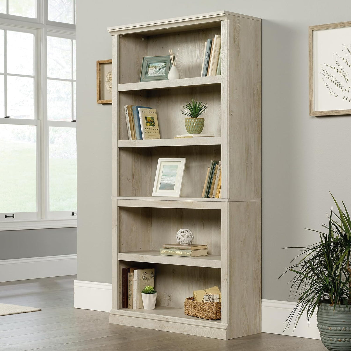 Sauder 5 Tier Book Shelf Wooden Bookcase Multipurpose Bookshelf for Home Office, Living Room, in Chalked Chestnut