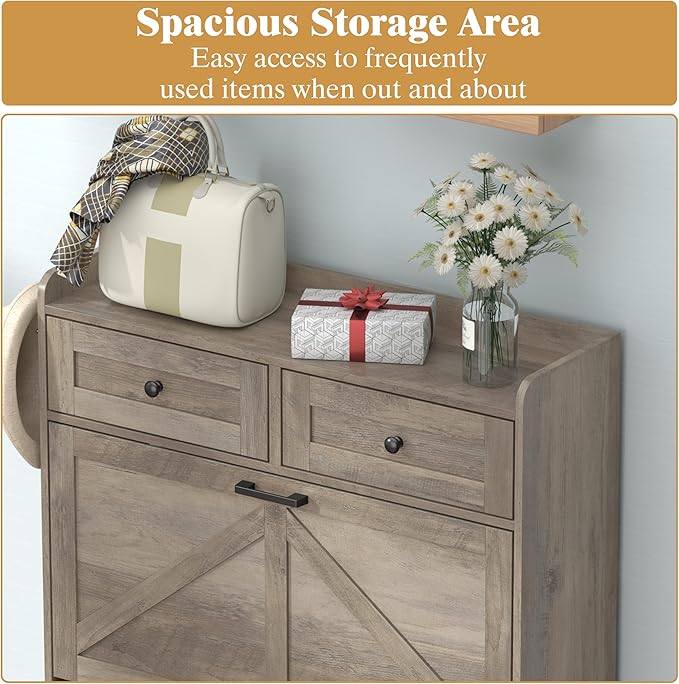 Shoe Cabinet with 3 Flip Drawers & 2 Storage Drawers, Rustic Farmhouse Narrow
