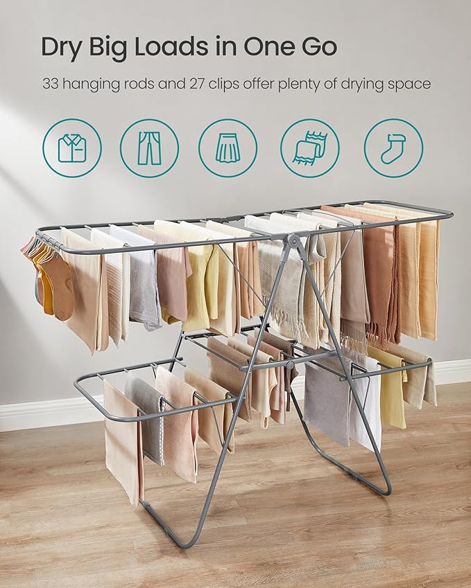 SONGMICS Clothes Drying Rack, Foldable 2-Level Laundry Drying Rack,