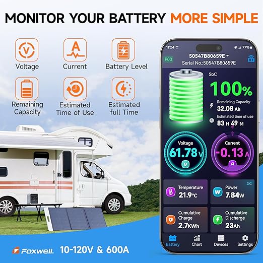 600A Shunt Battery Monitor, 0-120V Bluetooth Amp/Volt/Watt/Capacity Monitor