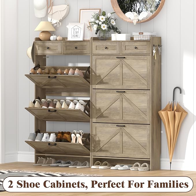 Shoe Cabinet with 3 Flip Drawers & 2 Storage Drawers, Rustic Farmhouse Narrow