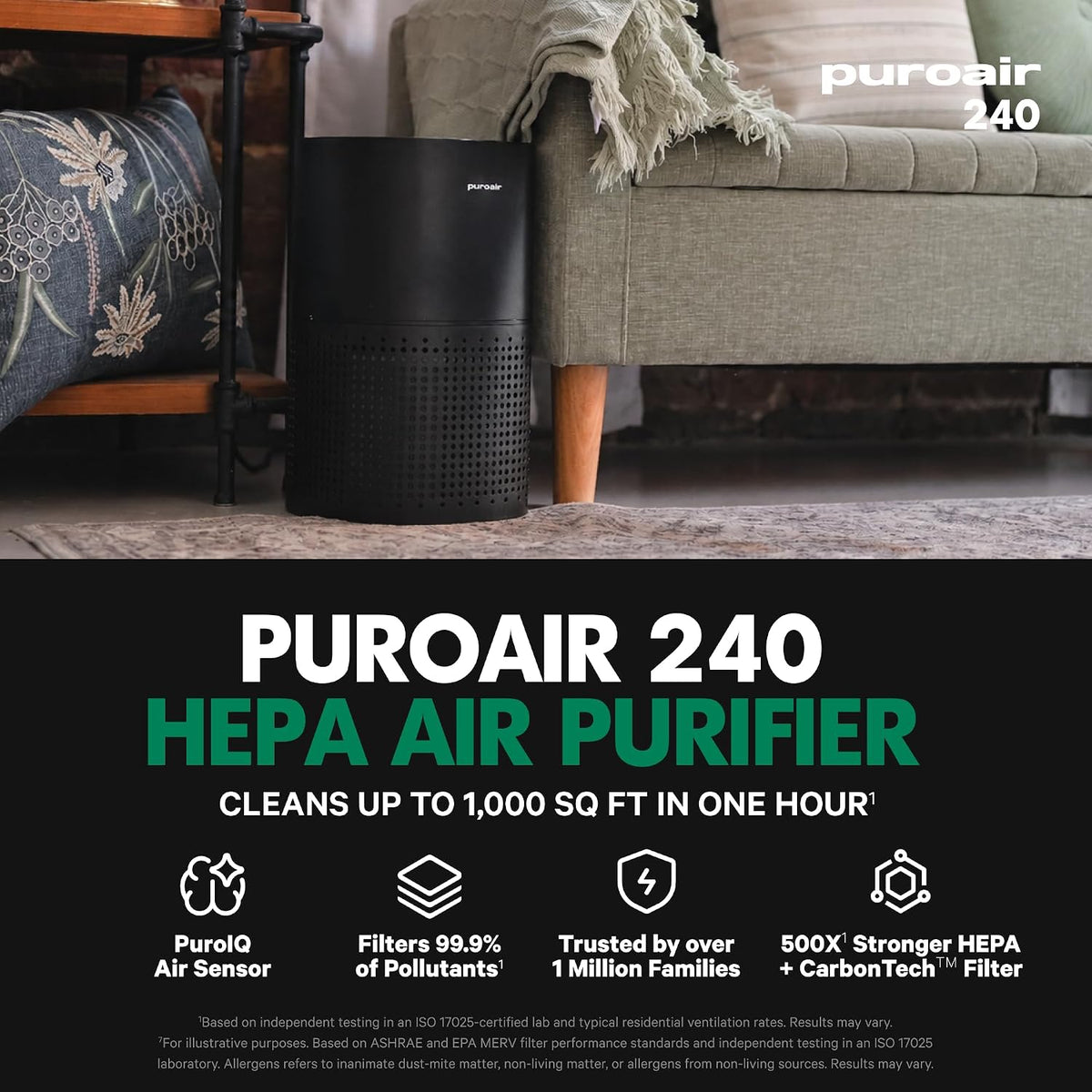 PuroAir 240 HEPA Air Purifiers for Home Pets Bedroom 1000 Ft², Black, 2PK