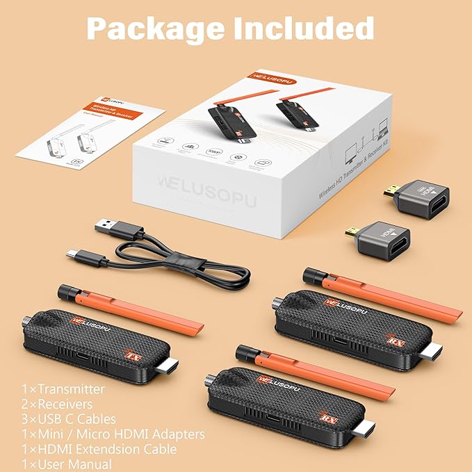 Wireless HDMI Transmitter and 2 Receivers, Support Up to 6 Receivers, 5.8G