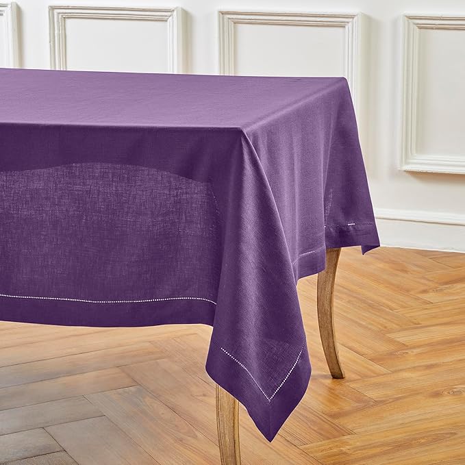 Solino Home Linen Tablecloth for Rectangle Tables 60 x 132 Inch - Classic Hemstitch 100% Pure Linen Purple Table Cloth - Machine Washable Cloth Tablecloth for Fall, Autumn, Halloween, Thanksgiving