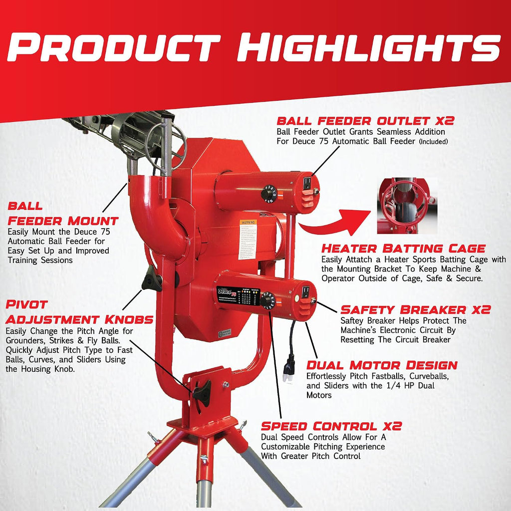 Heater Sports Deuce 75 MPH Adjustable Baseball Pitching Machine with Automatic Ball Feeder - Delivers Fastballs & Curveballs, Suitable for All Ages | Compatible with Pitching Machine & Real Baseballs