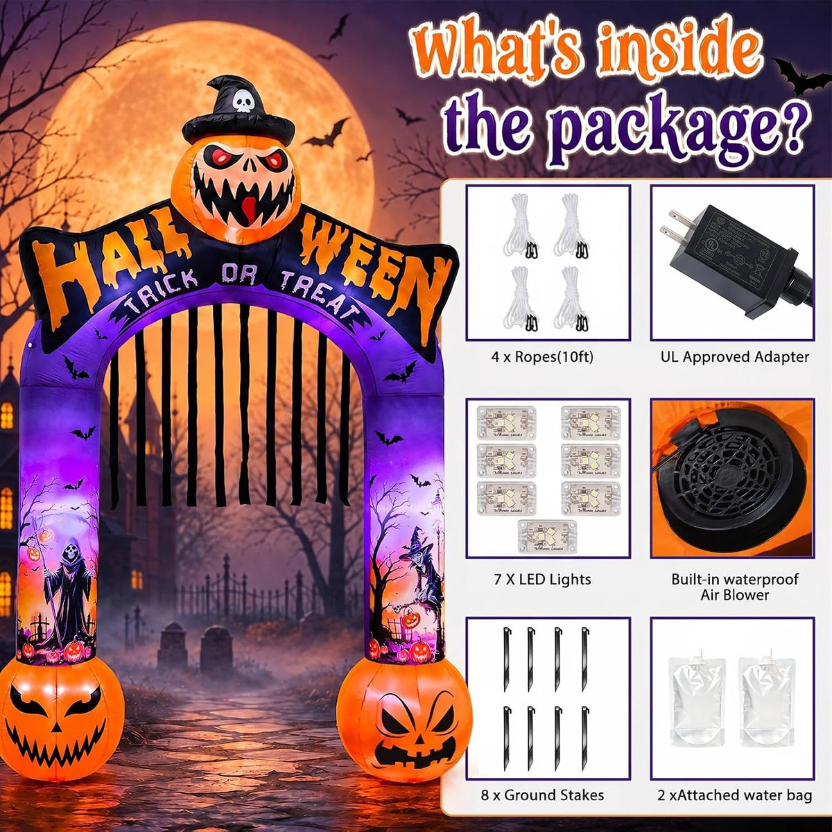 10 FT Halloween Inflatable Archway, Built-in LED Lights, Blow Up Outdoor Yard Decoration with Grim Reaper Witch Bat Patterns for Front Lawn Garden Party Décor Outdoor Holiday Party