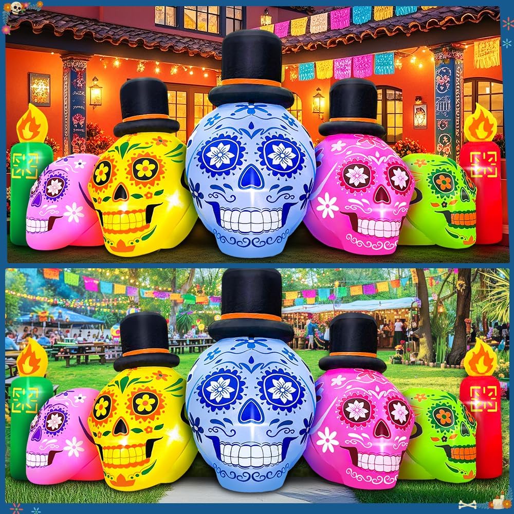 7FT Halloween Inflatable Blow Up Decorations, Dia de Los Muertos Decorations, Day of Dead Inflatable Sugar Skull Dia de Los Muertos, Built-in LEDs for Holiday Party, Garden, Lawn, Yard, Patio Décor