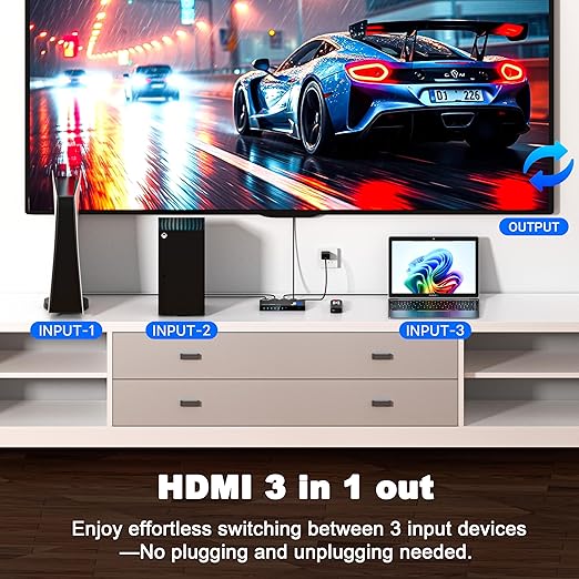JCHICI HDMI Switch 3 in 1 Out, 4K@60Hz Switcher Splitter, Auto-Switching HDMI