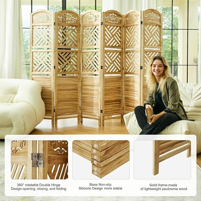 Svimi Room Divider with Shelves, 68.9inch Wood Carved and Louvered Wall Divider