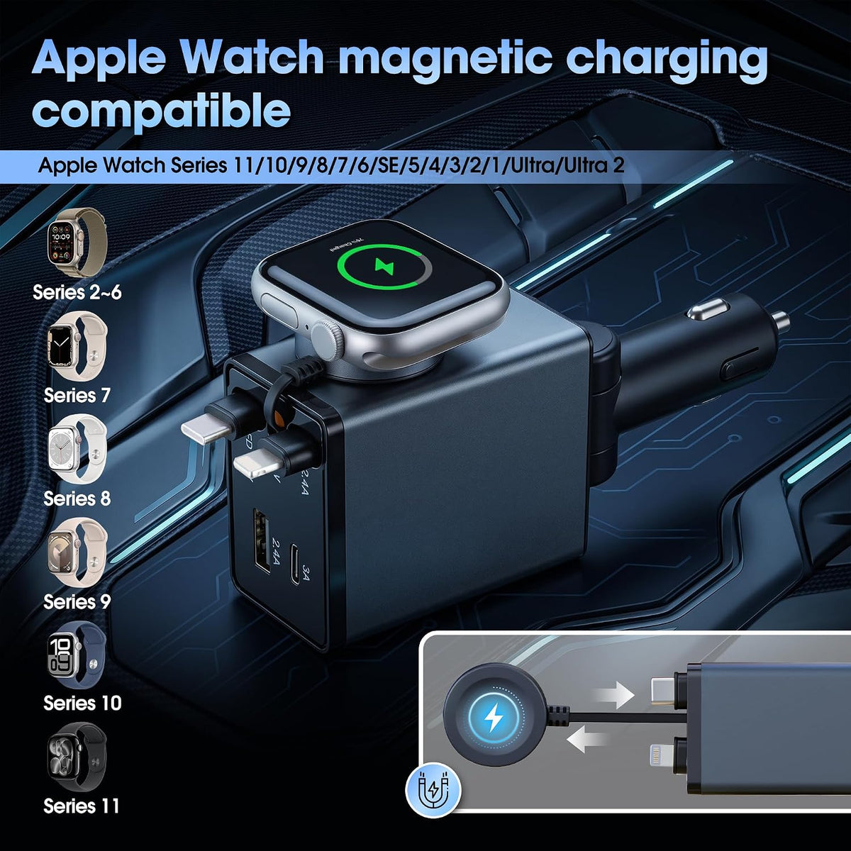 MQOUNY Retractable Car Charger, 87W USB C Fast Charge