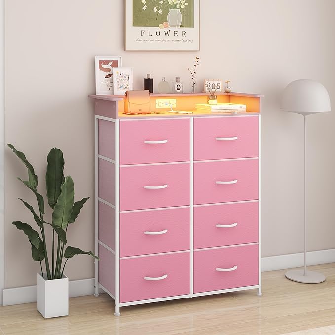Pink Dresser for Bedroom with Charing Station Dressers with LED Lights Tall