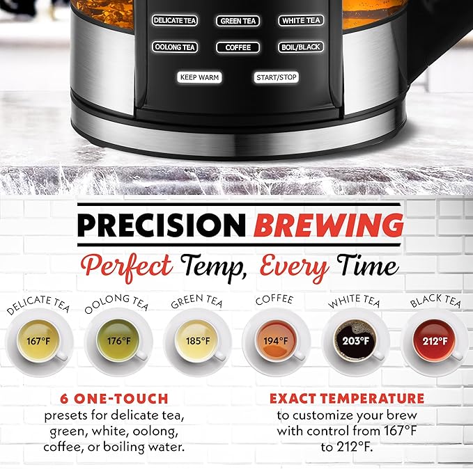 Gourmia Electric Programmable Glass Kettle – 1.7L Temperature Control Tea &