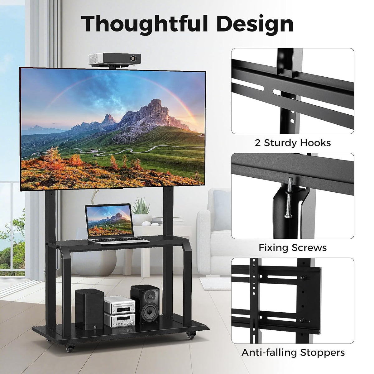 Goplus Mobile TV Stand, Rolling TV Cart with Camera Shelf & AV Shelves, Adjustable Media Console Cart for 32”-80” Flat/Curved TVs up to 132 lbs, Max VESA 900 X 600 mm, TV Mounting Screws Included