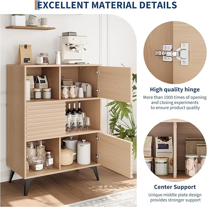 IDEALHOUSE Fluted Cabinet with Sliding Doors, Modern Wooden Storage Cabinet