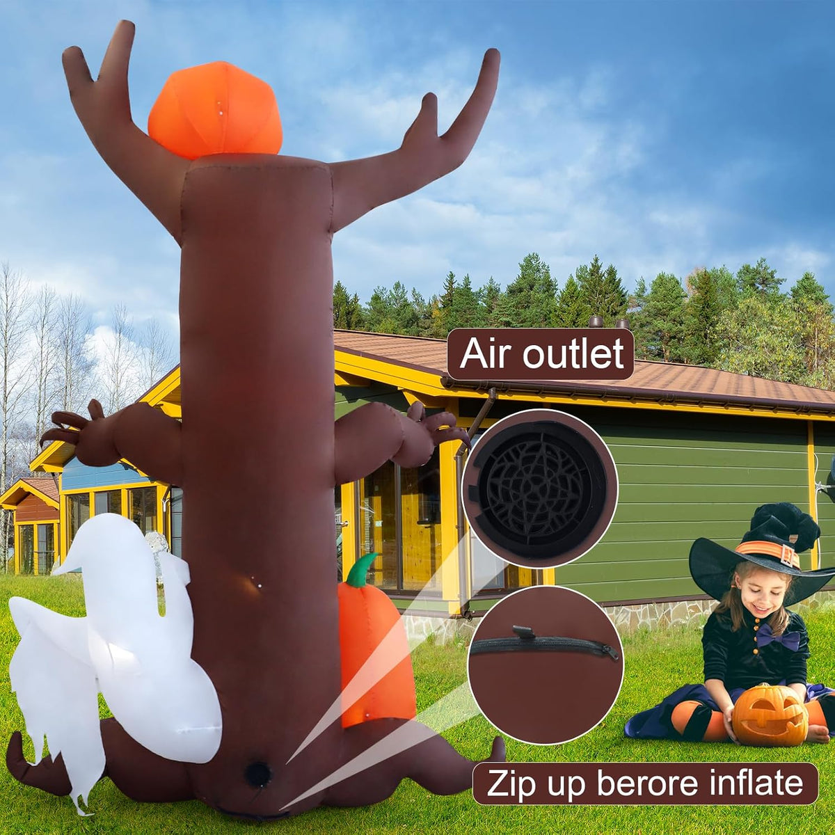 9ft Pumpkin Ghost Tree Halloween Inflatable Outdoor Decoration, Courtyard Decoration with LED Lights, for Outdoor Lawn, Garden, Family Vacation Party