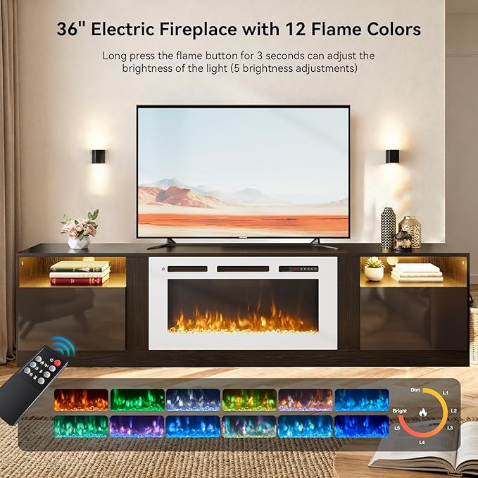 YISUFO 80” TV Stand with 36” Electric Fireplace, Large Modern Media
