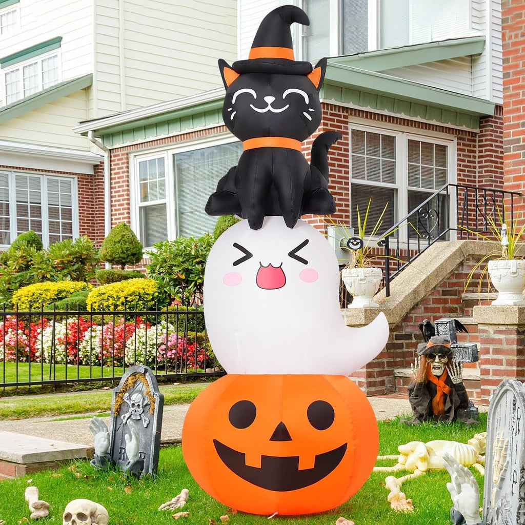 COMIN 6 FT Halloween Inflatables Pumpkin Ghost Cat Combo Outdoor Decorations Blow Up Yard with Built-in LEDs for Indoor Party Garden Lawn Decor