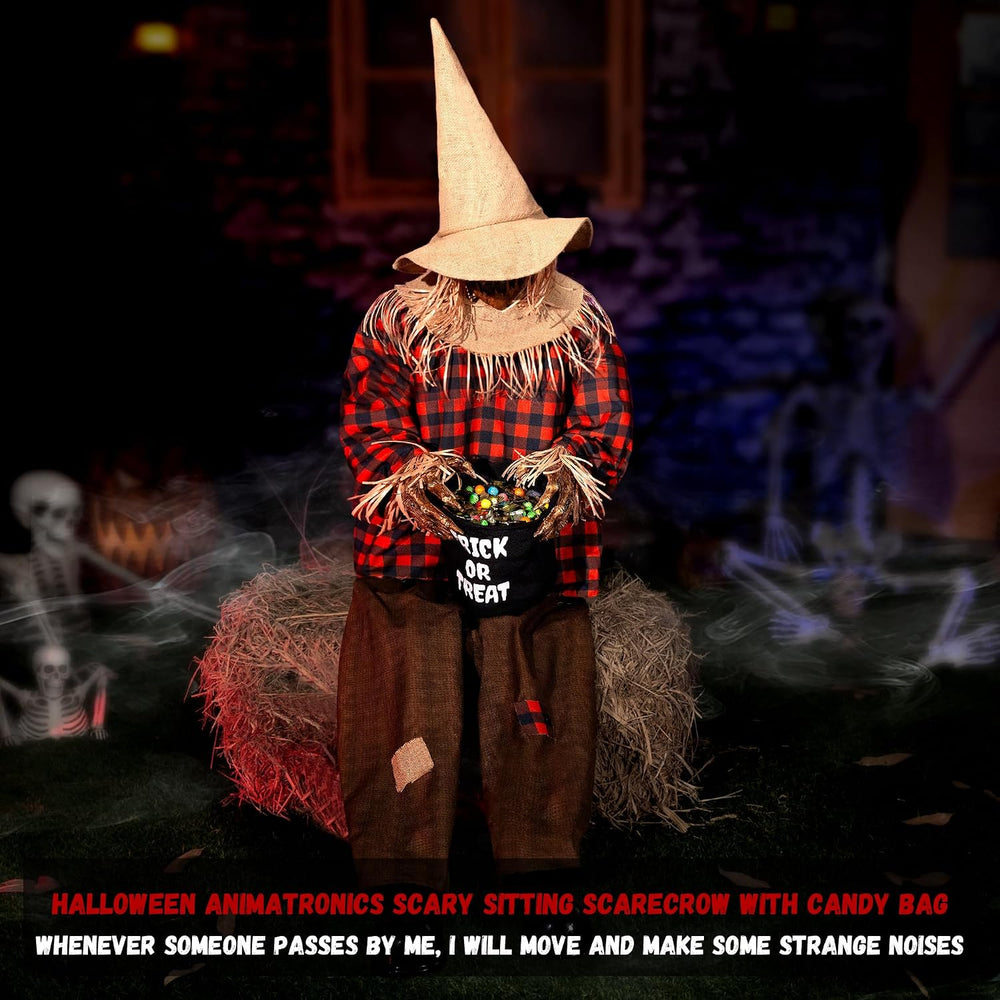 Halloween Animatronics Decorations Scary Sitting Scarecrow with Candy Bag, 55...