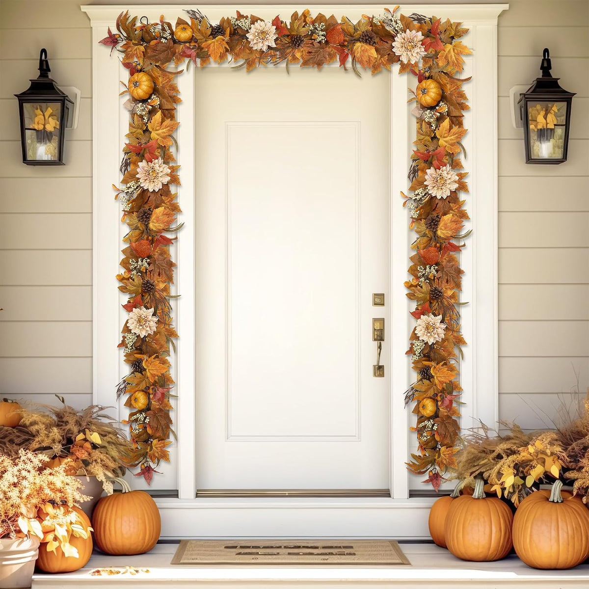 Fall Garland 6Ft Lifelike Autumn Maples Leaf Pumpkin Garland with Berries Pine Cones, Fall Decorations for Home Thanksgiving Halloween Fireplace Farmhouse Porch Indoor Outdoor Decorations
