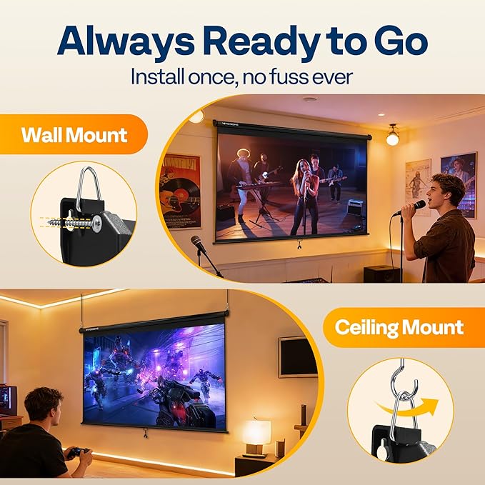 VIVOHOME 80 Inch 16:9 Pull Down Projector Screen, HD 4K Retractable Movie Screen