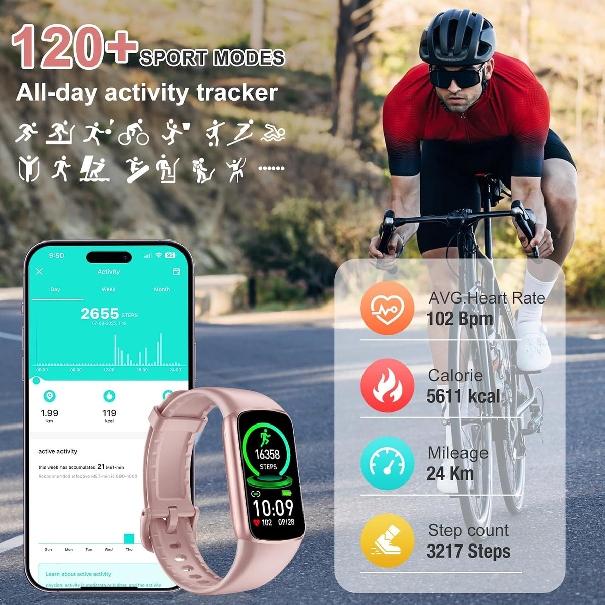 fitness tracker with 24/7 heart rate blood oxygen, side view