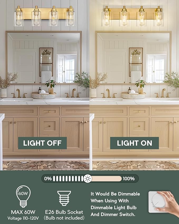 METWET 4-Light Bathroom Light Fixtures, Brushed Gold Vanity Light