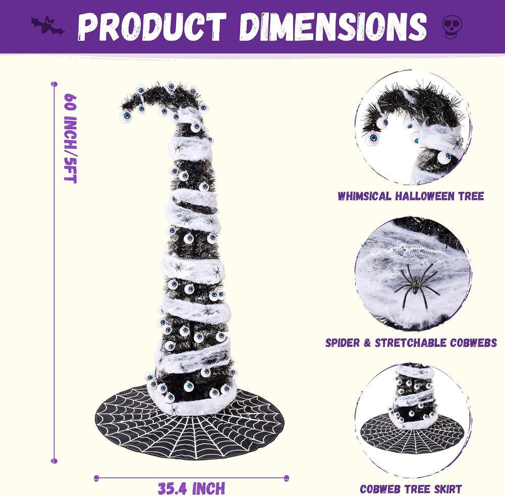 5FT Black Halloween Christmas Tree with 50 Eyeball Lights, Whimsical Pop Up T...