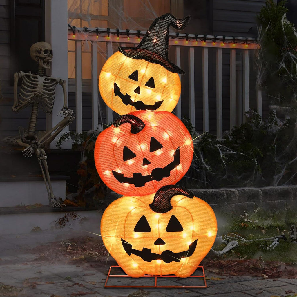 Halloween Lighted 3 Stacked Pumpkins, 39’’ H Pre-Lit Lighted Pumpkins with 50 Warm White Lights, Light Up Halloween Pumpkin Decoration for Indoor, Outdoor, Porch, Yard, Holiday Decor