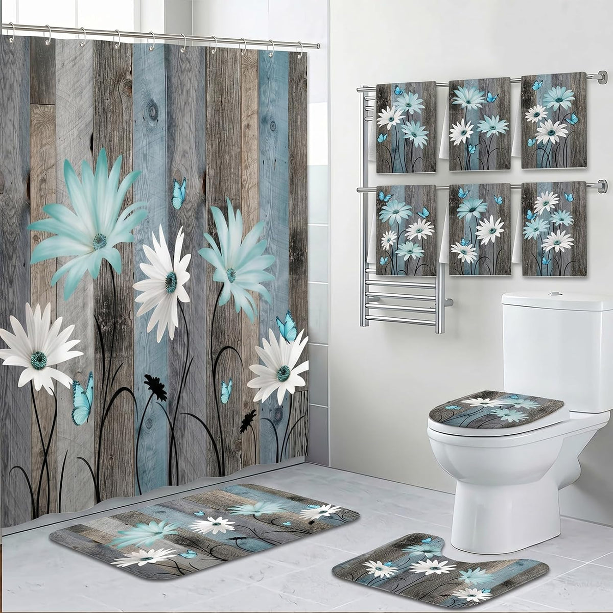 Britimes Bathroom Sets with Shower Curtain and Rugs Set of 10 Teal Wooden