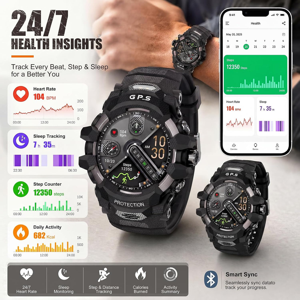smart watch for men with built-in gps, 1.43", side view