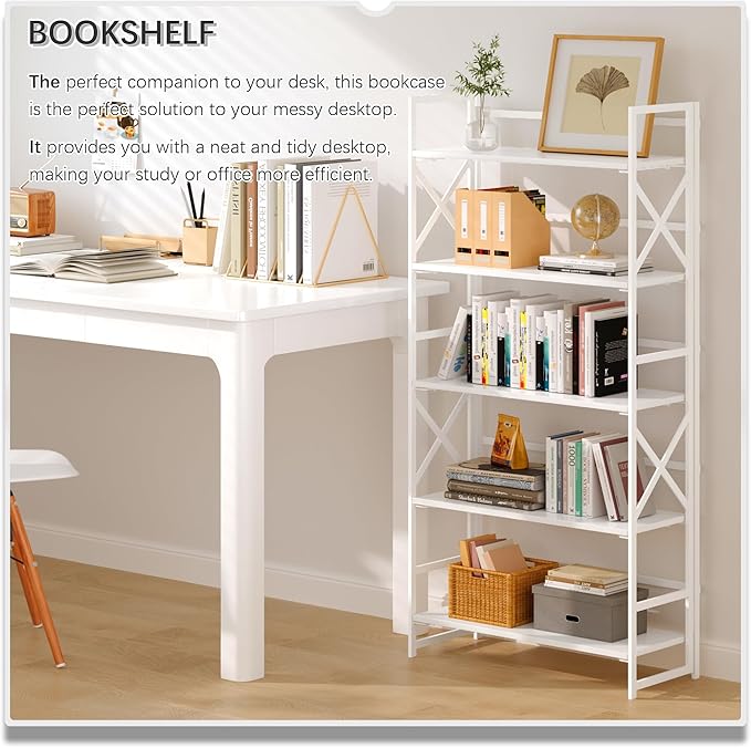 4NM 5 Tiers No Assembly Book Shelves, 51.2" H Folding Bookshelf Bookcase Open