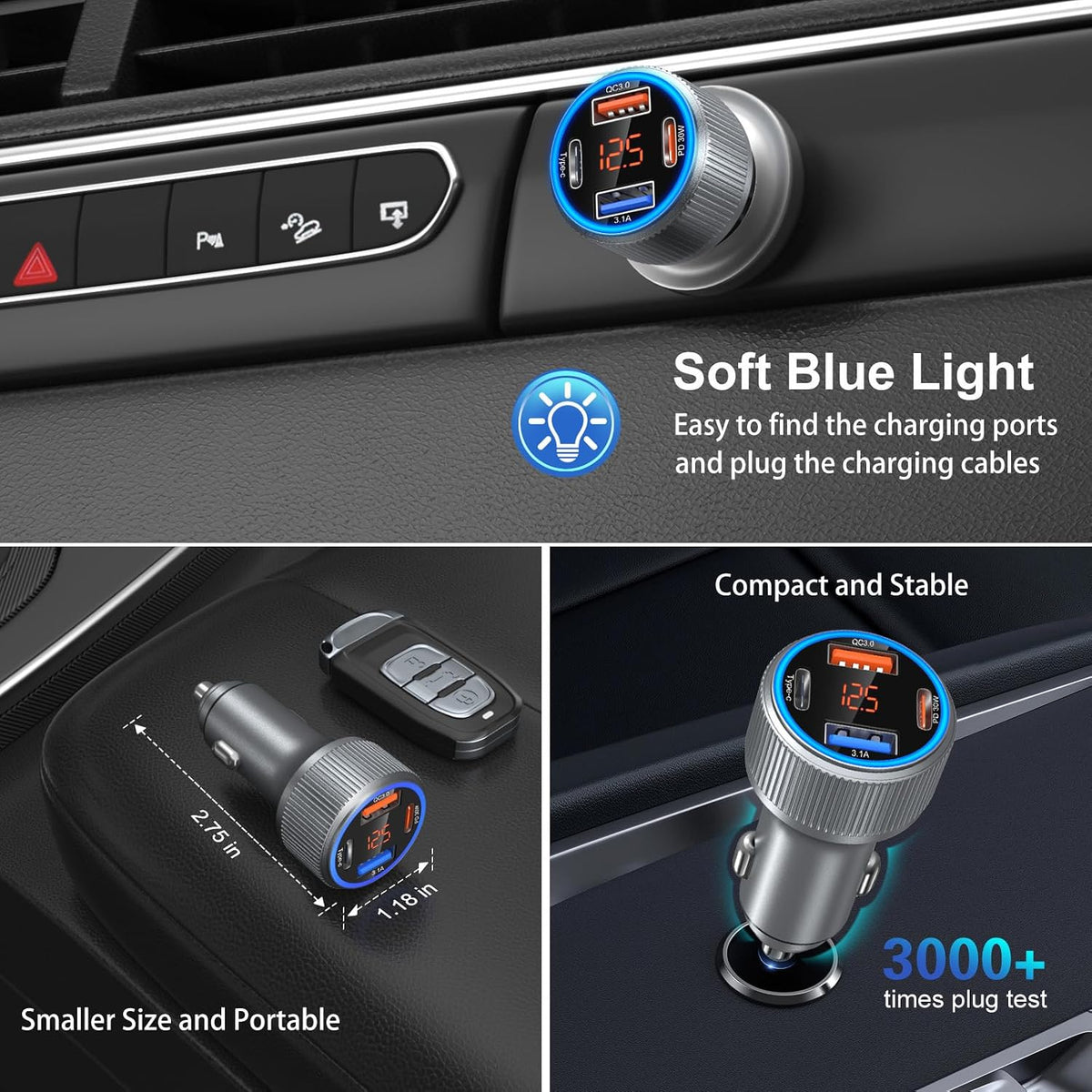 usb c car charger, 65w dual 12v usb, side view