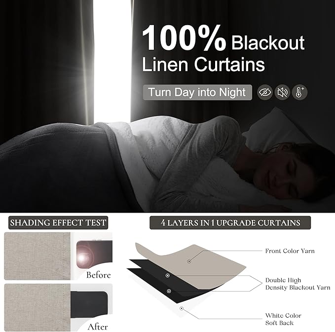 Grey Flax Taupe Hook Belt&Rod Pocket Curtains 84 inch Length 2 Panels Set